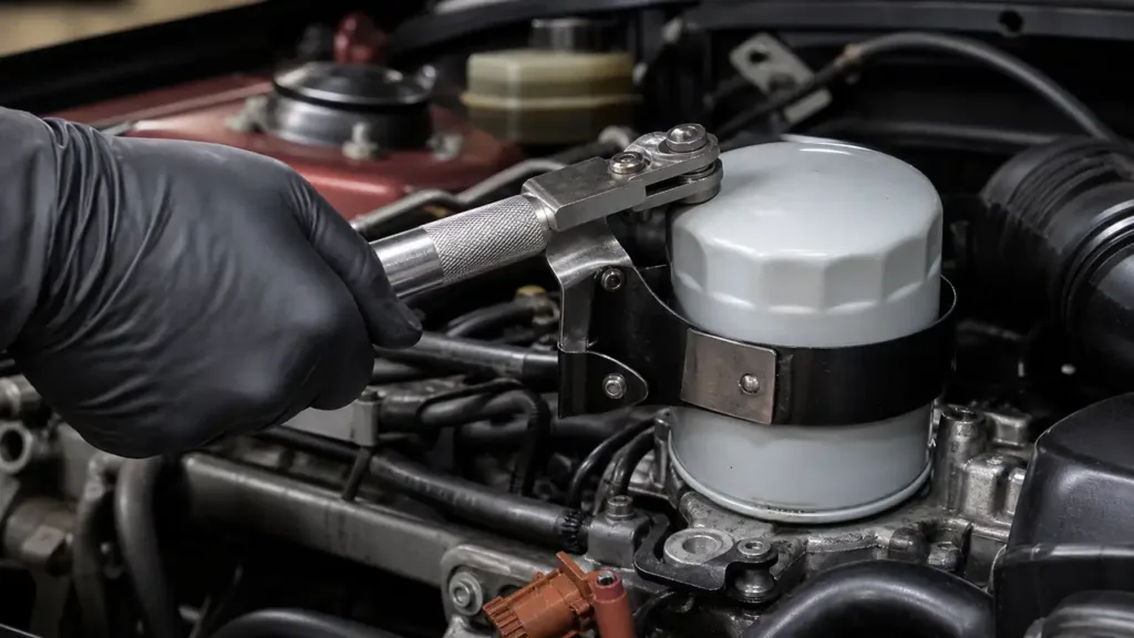 Oil filter wrench clamped around a white filter inside a car engine bay