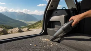 Handheld car vacuum cleaning crumbs from a vehicle cargo mat at a mountain stop