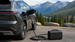 Portable EV charger connected to an electric SUV at a mountain rest stop