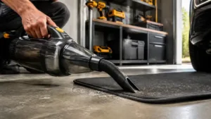 Portable handheld garage vacuum cleaning a car floor mat