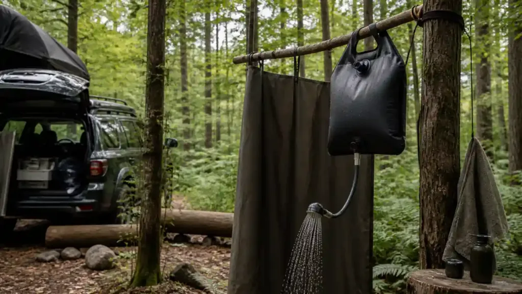 Portable camping shower bag hanging beside a privacy screen in a forest