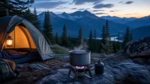 Compact camping stove boiling a pot beside a tent in the mountains at dusk