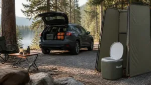 Portable camping toilet beside an SUV and privacy shelter in a forest clearing