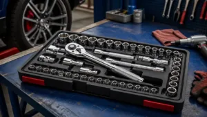 Complete ratchet and socket set arranged in a fitted tray on a mechanic workbench