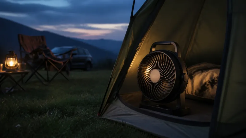 Rechargeable camping fan glowing inside an open tent at blue hour