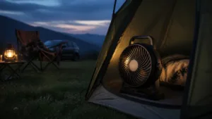 Rechargeable camping fan glowing inside an open tent at blue hour