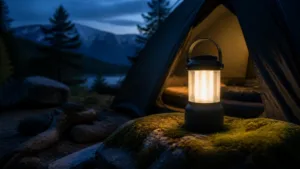 Rechargeable camping lantern glowing on a mossy rock beside a tent at dusk
