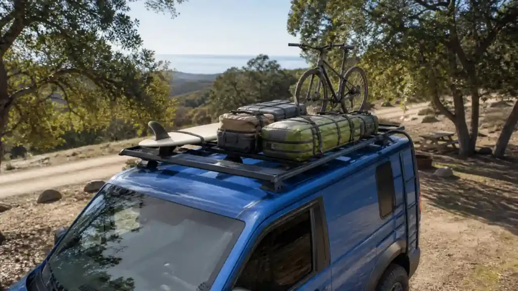 Blue camper van with bicycle surfboard and luggage secured on a roof rack