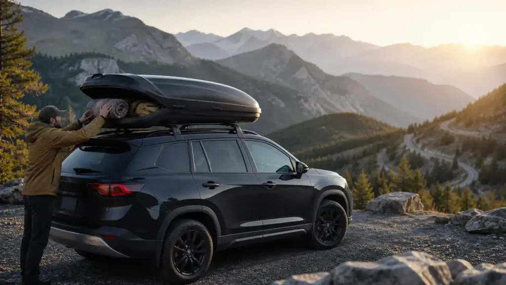 Black rooftop cargo carrier mounted on an SUV at a mountain overlook