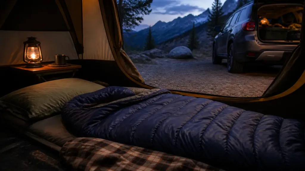 Insulated sleeping bag spread inside a tent beside an open SUV at dusk