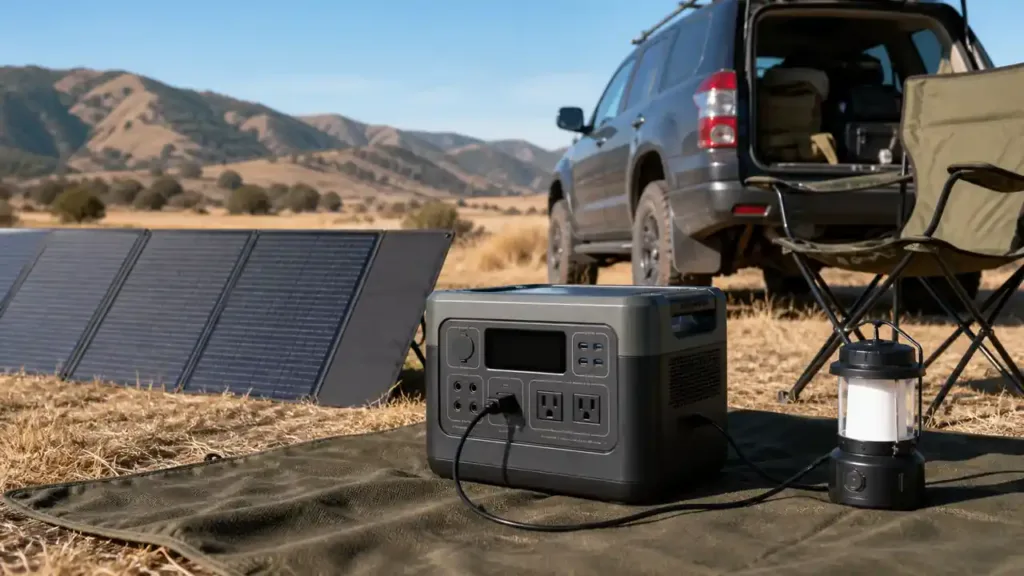Portable solar generator connected to a foldable panel beside a campsite SUV
