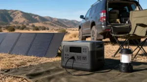 Portable solar generator connected to a foldable panel beside a campsite SUV