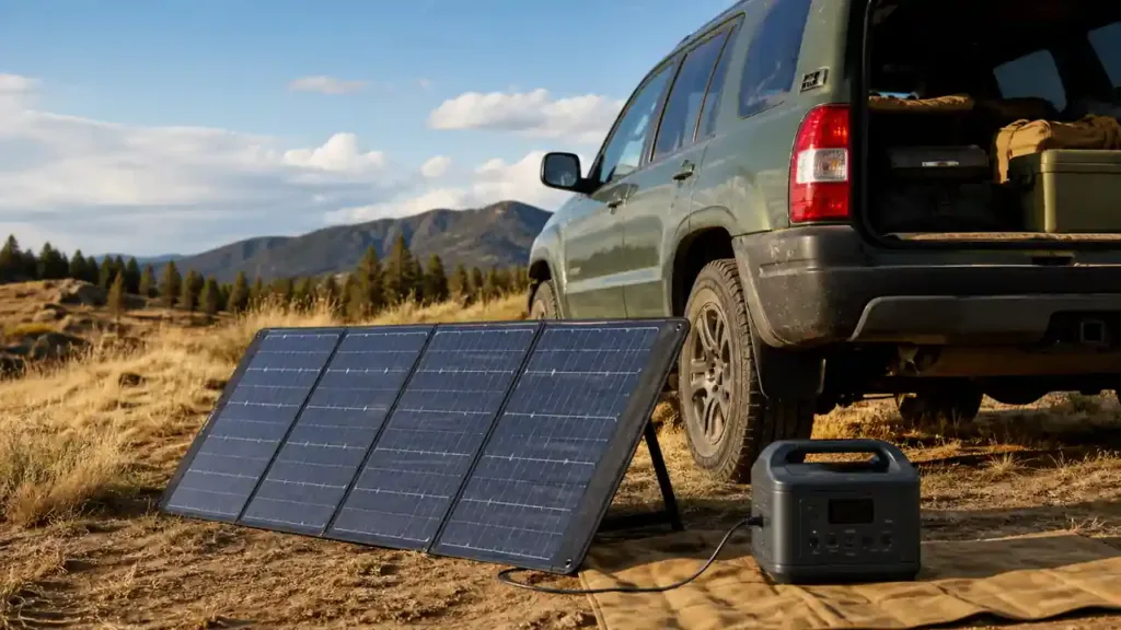 Foldable solar panel connected to a portable power station beside an SUV at camp