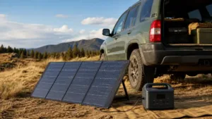 Foldable solar panel connected to a portable power station beside an SUV at camp