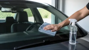 Microfiber cloth wiping a clean car windshield beside a plain glass cleaner bottle