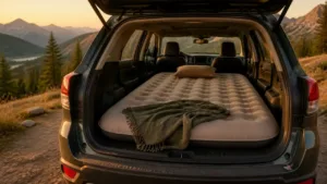 Quilted air mattress fitted across the rear of an open SUV at a mountain campsite
