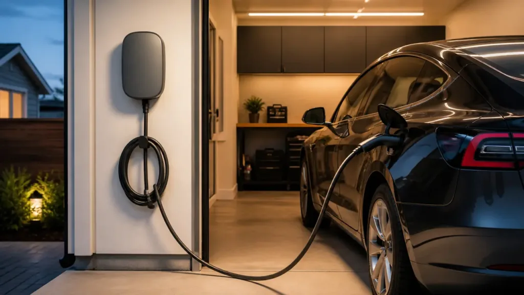 Generic wall-mounted EV charger connected to an electric sedan in a residential garage