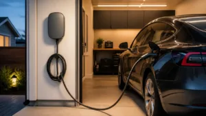 Generic wall-mounted EV charger connected to an electric sedan in a residential garage