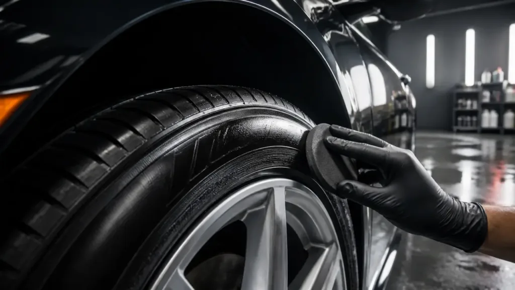 Foam applicator spreading satin tire dressing across a clean black sidewall