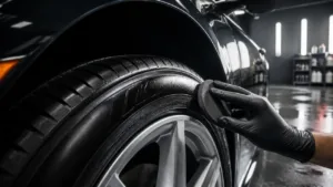Foam applicator spreading satin tire dressing across a clean black sidewall