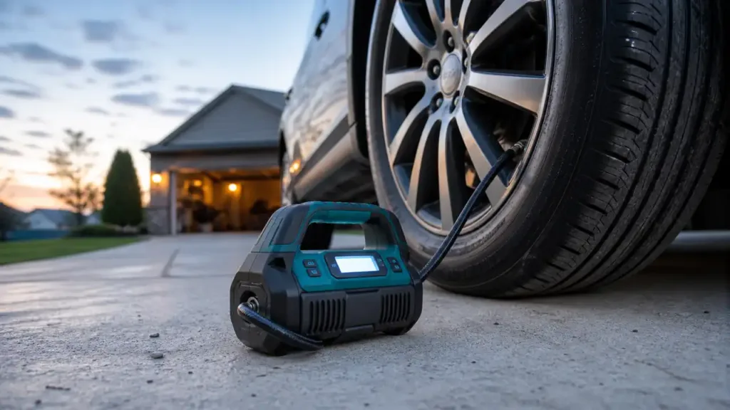 Portable tire inflator connected to a car tire on a driveway at dusk