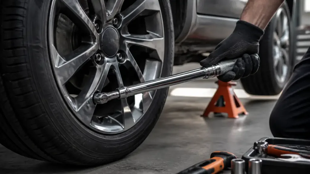 Torque wrench tightening a wheel lug on a car in a garage