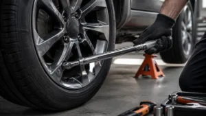 Torque wrench tightening a wheel lug on a car in a garage