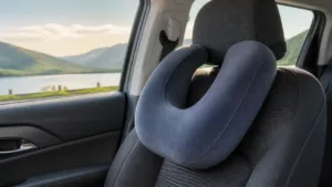 U-shaped travel pillow resting against a car seat beside a scenic lake view