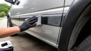 Microfiber applicator restoring faded black plastic trim on a silver SUV