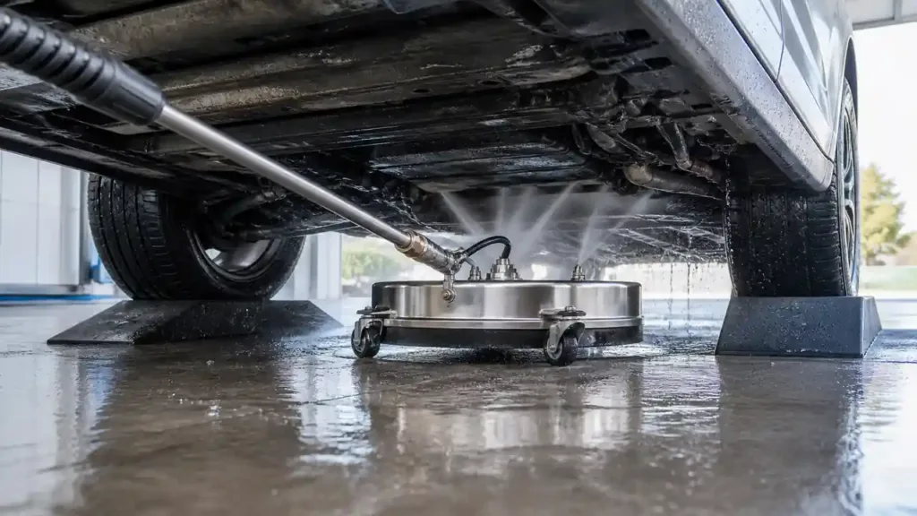 Wheeled undercarriage cleaner spraying beneath a car in a wash bay