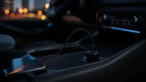Compact USB-C car charger powering a braided cable in a dark center console