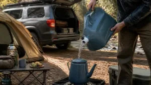 Collapsible camping water container pouring into a kettle beside an SUV