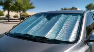 Reflective windshield sun shade fitted inside a parked car